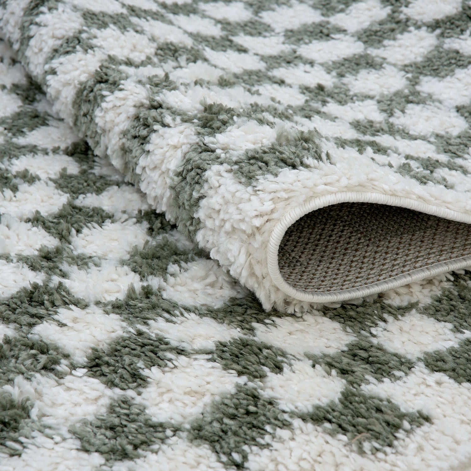 Close-up of a textured green and white checkered rug