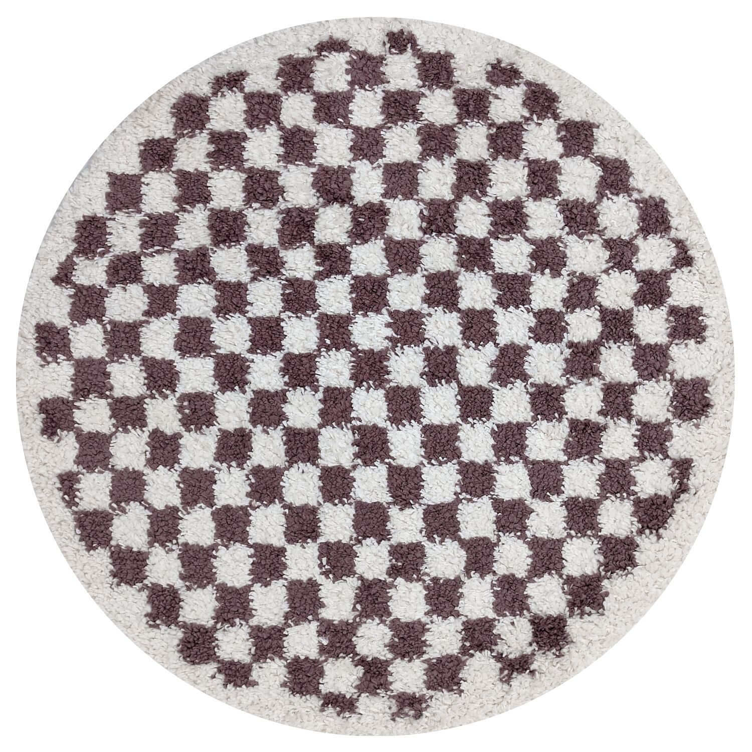 Round checkered rug with purple and white pattern on a white background