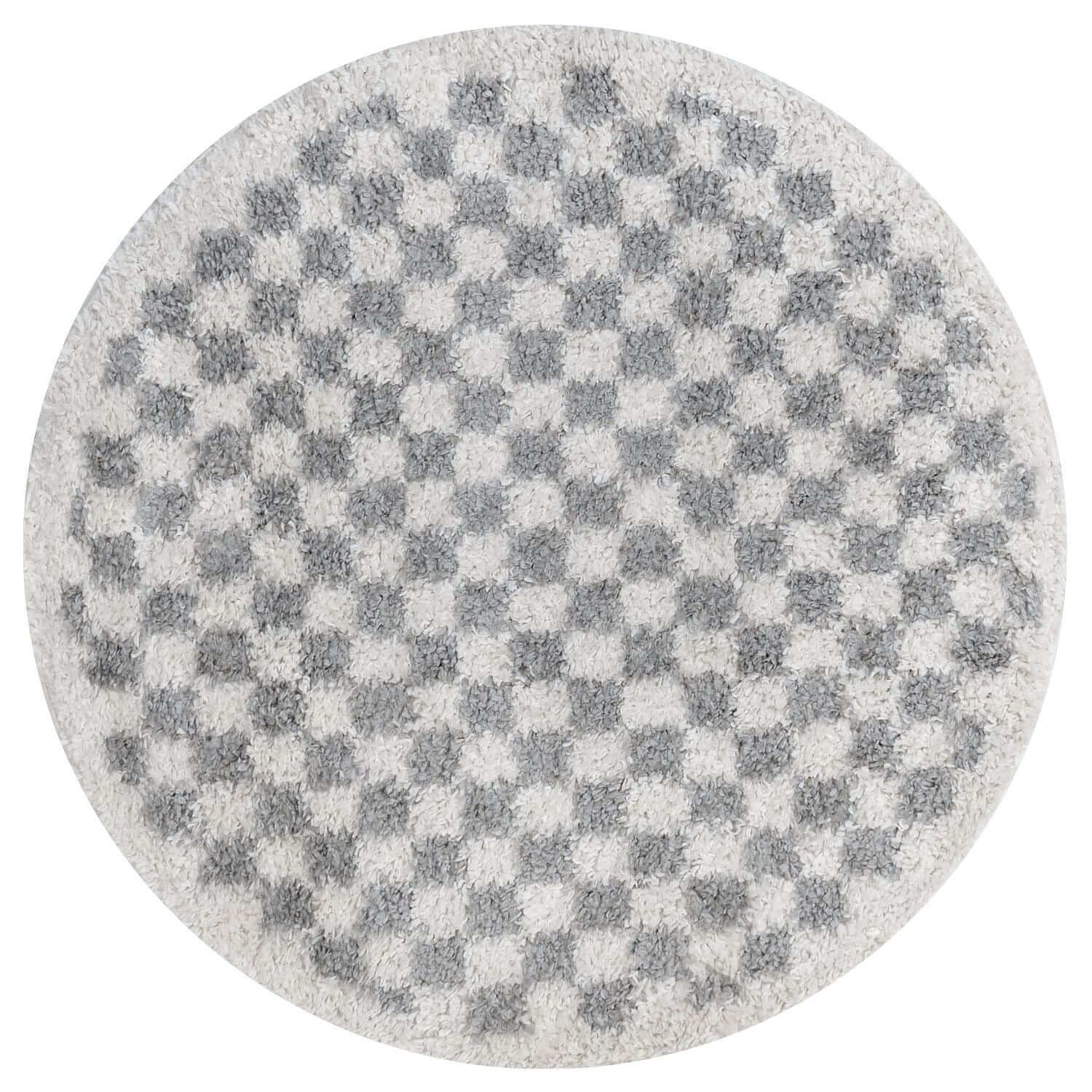 Round checkered rug with gray and white pattern on a white background