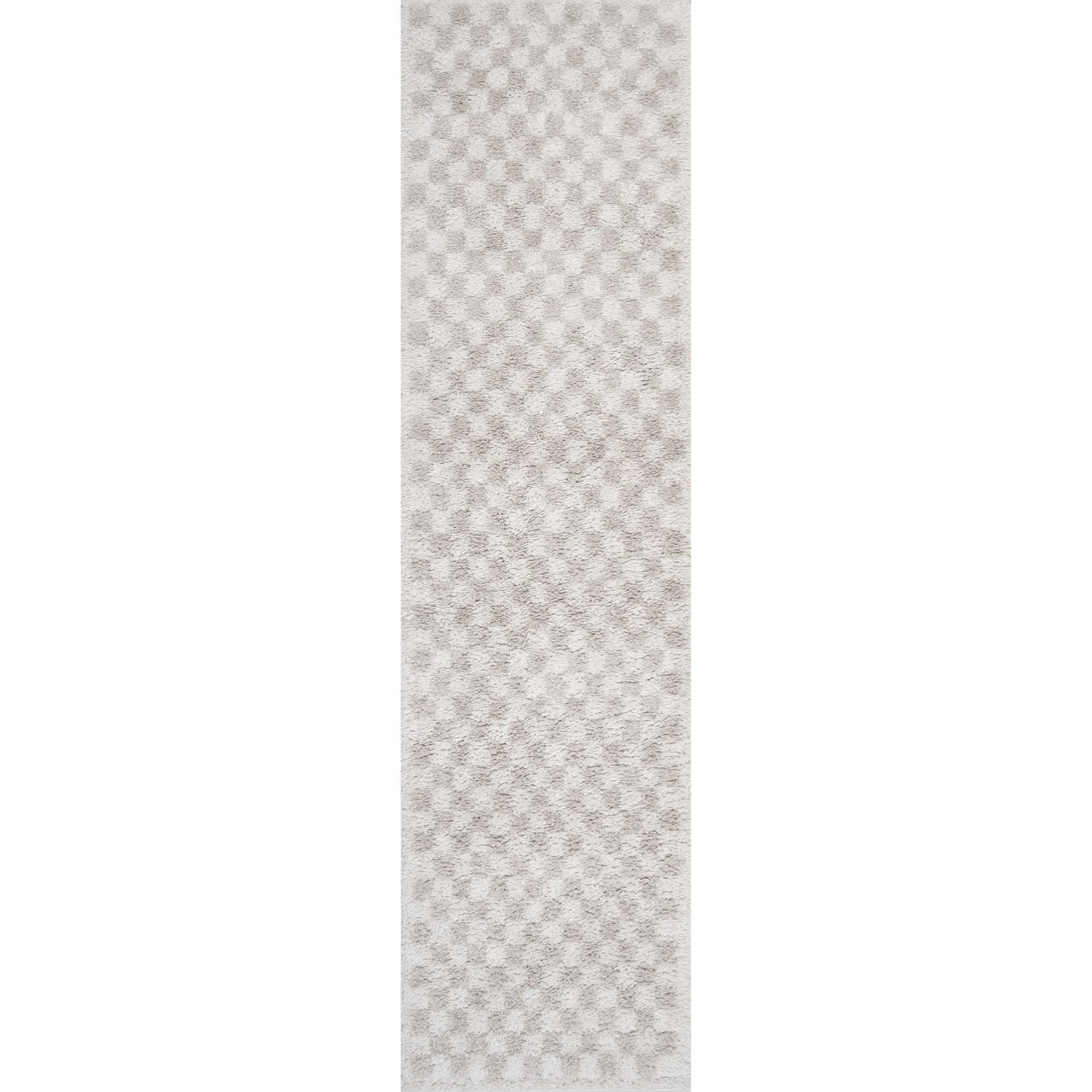 Runner rug with a grey white checkered pattern on a plain background