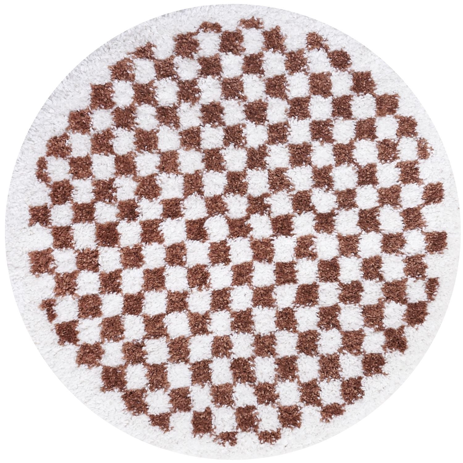 Round checkered rug with brown and white pattern on a white background