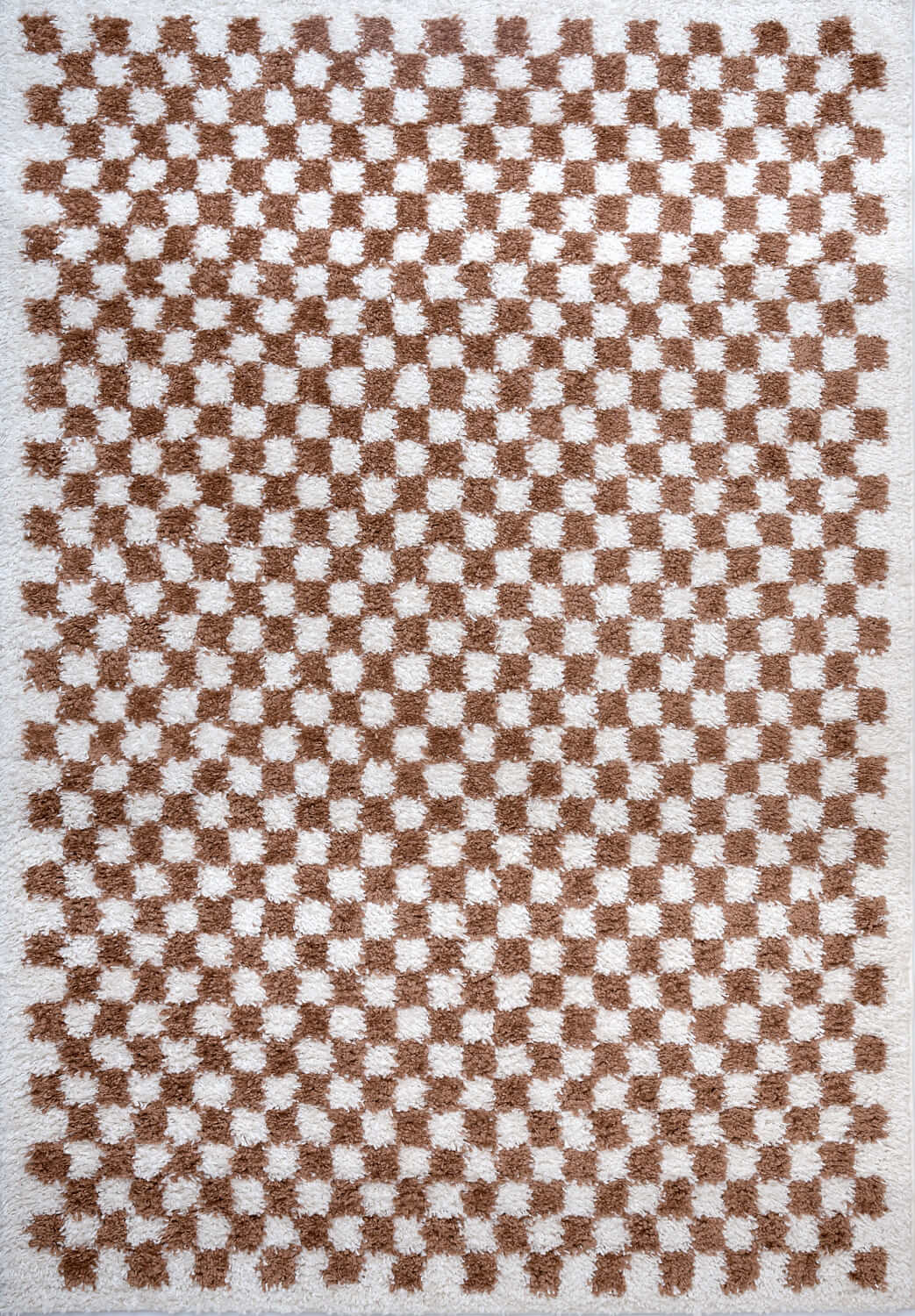 Checkered pattern rug with brown and white squares