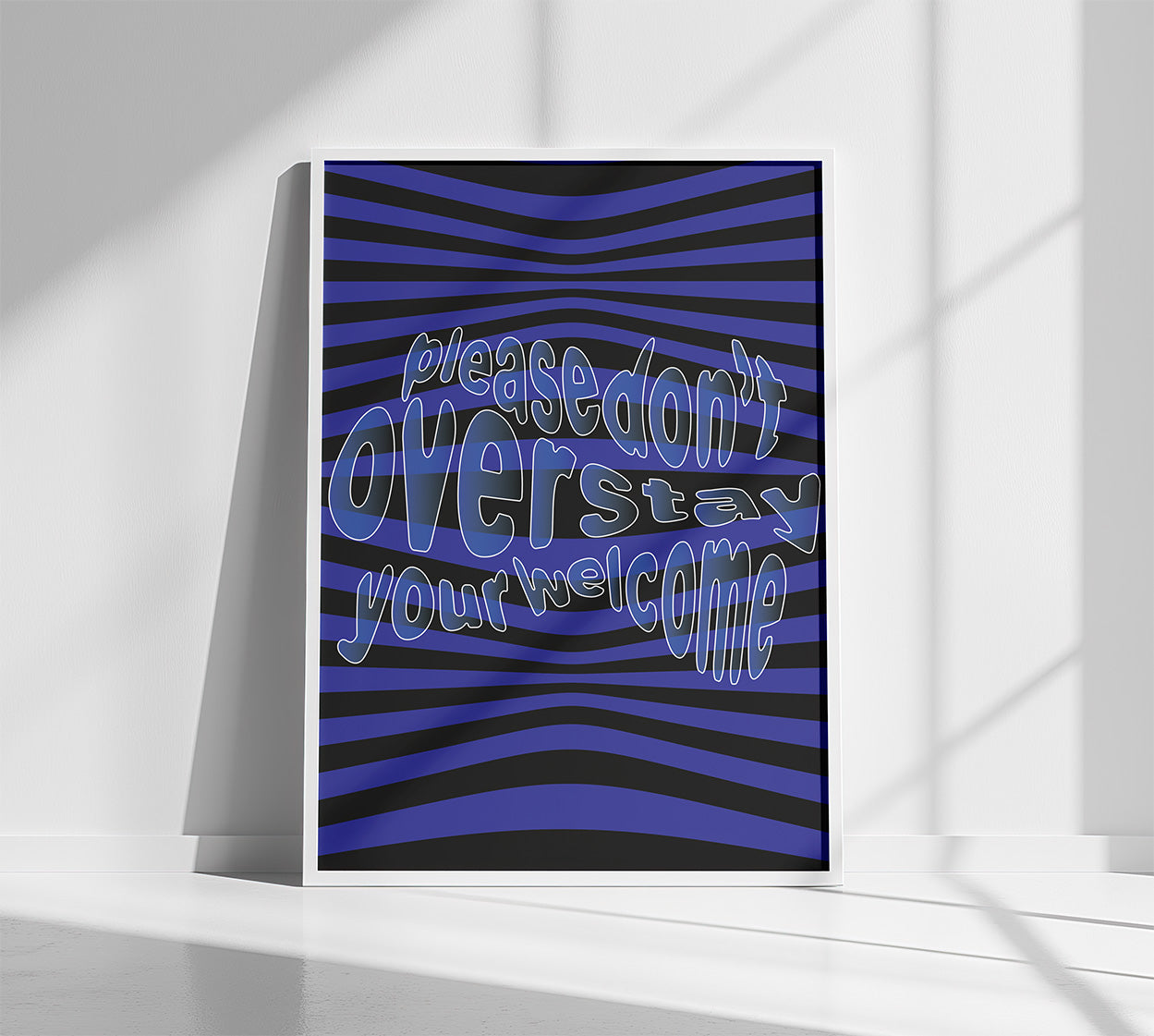 Please_dont_overstay_your_welcome_poster_in_large_white_frame
