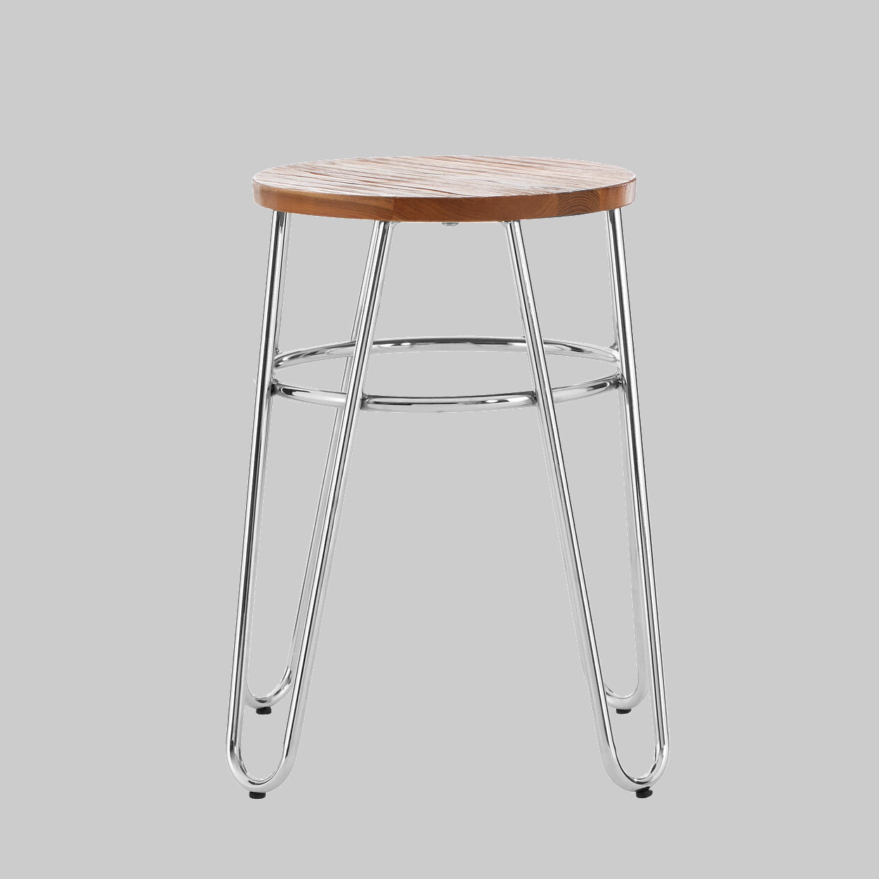 Bar stool with wooden seat and metal legs on a gray background