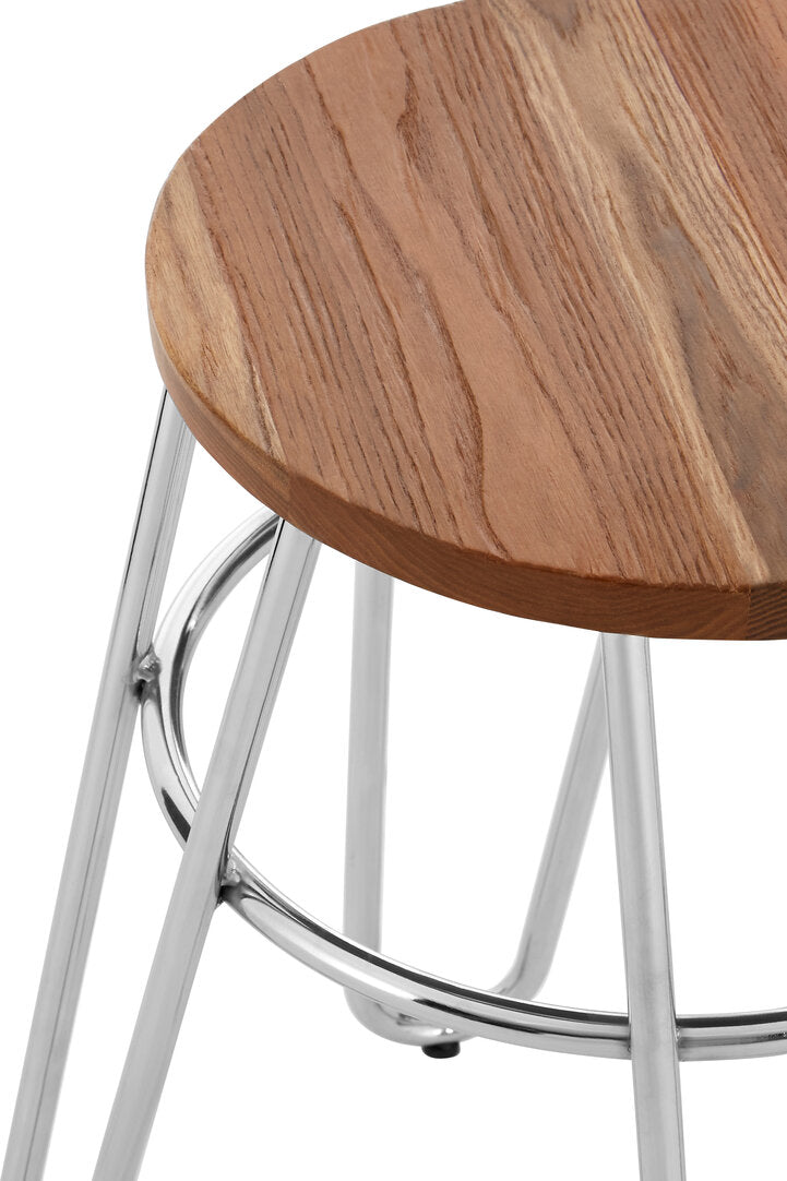Wooden stool with metal legs on a white background