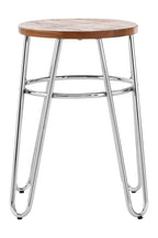 Bar stool with wooden seat and metal frame on a white background