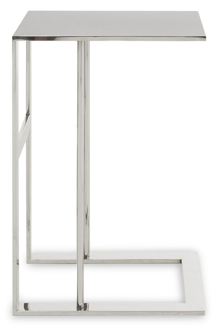 Stainless steel side table on a white background