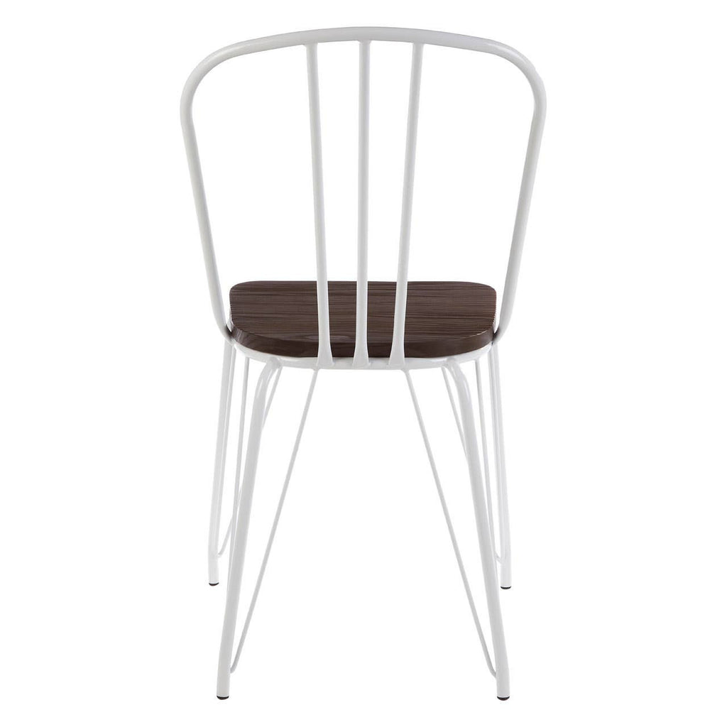 White metal chair with a wooden seat on a white background