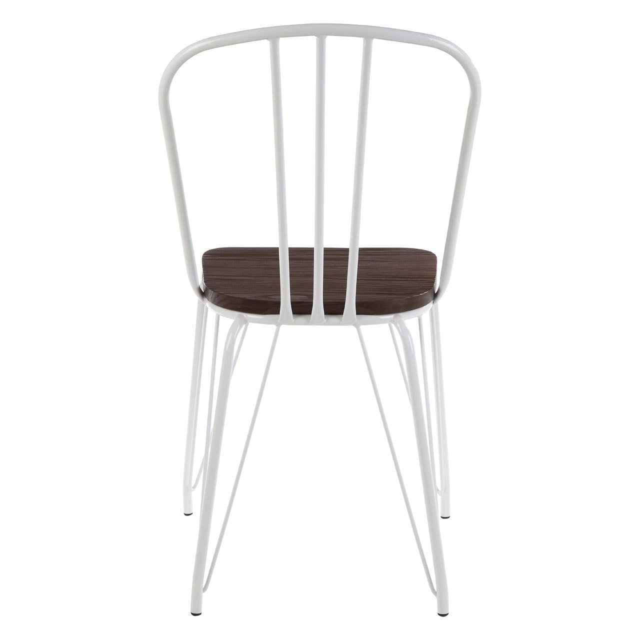 White metal chair with a wooden seat on a white background