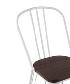 Chair with white metal frame and dark wooden seat on a white background