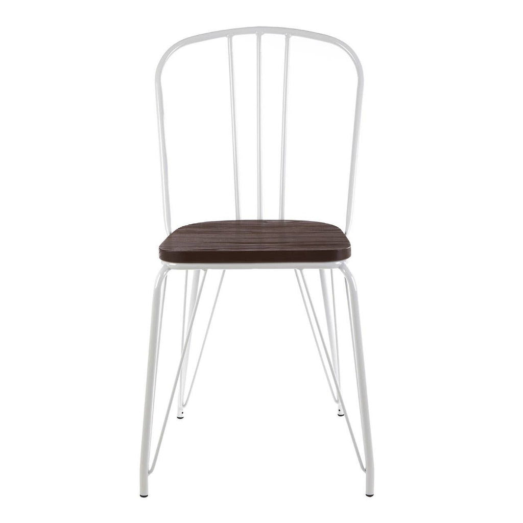 Chair with white metal frame and wooden seat on a white background
