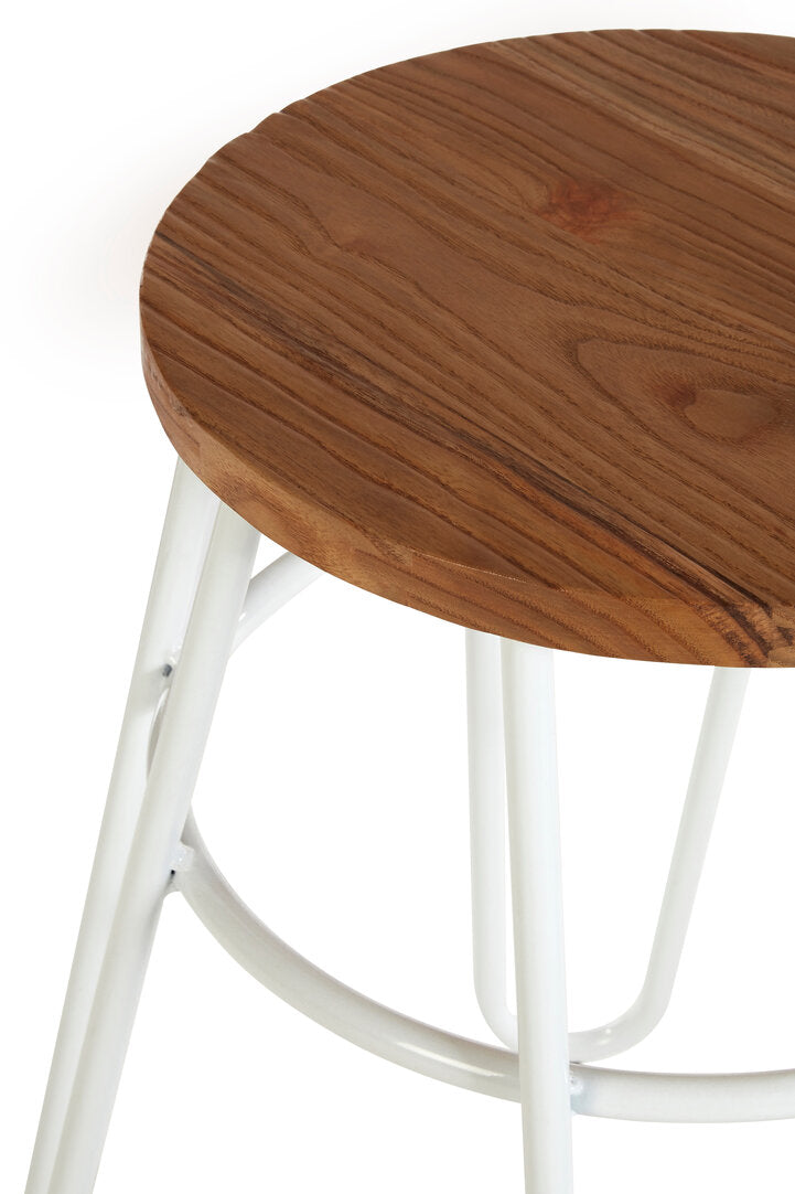 Wooden stool with white metal legs on a white background