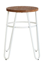 Bar stool with wooden seat and white metal frame on a white background