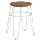 Bar stool with wooden seat and white metal legs on a white background
