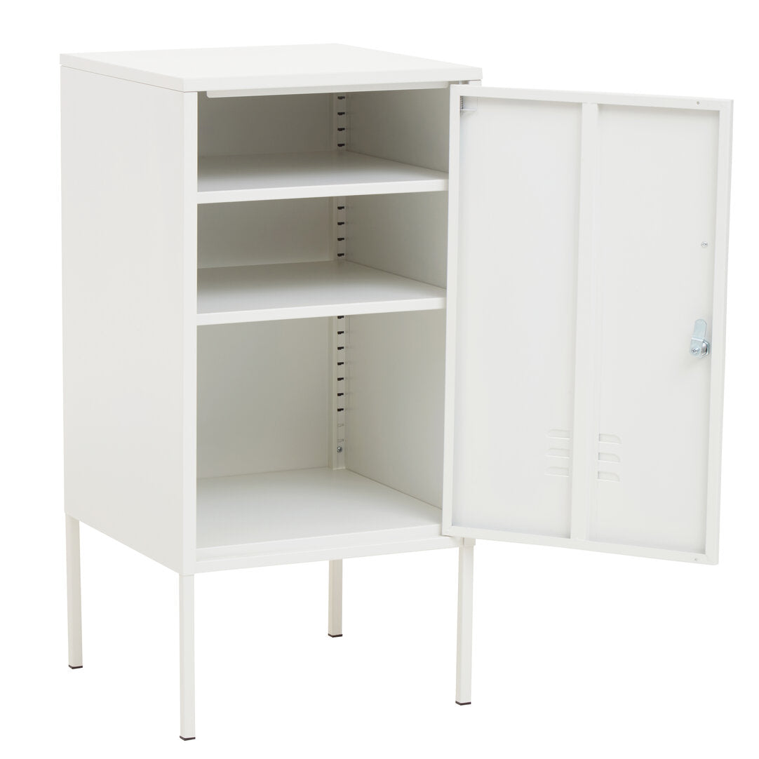 White metal storage cabinet with open door on a white background