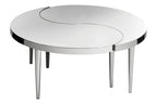 Round silver yin and yang table with metal frame on a white background