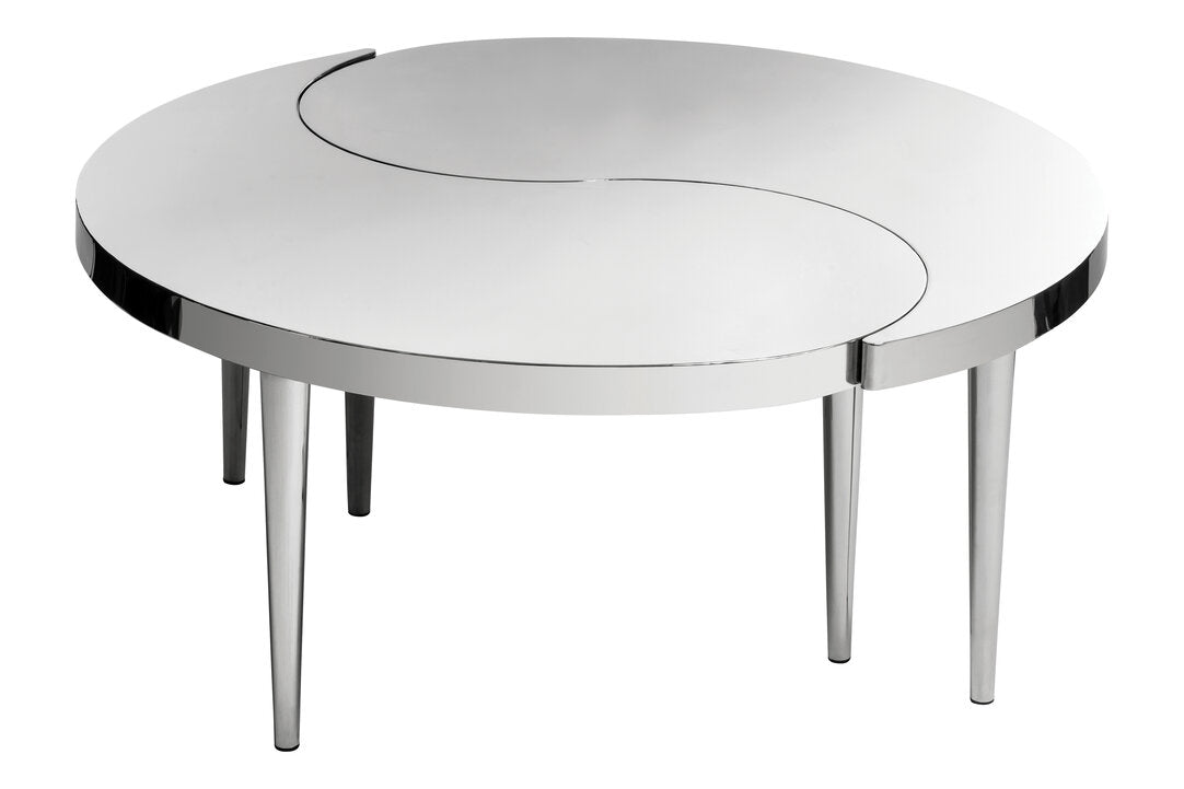 Round silver yin and yang table with metal frame on a white background