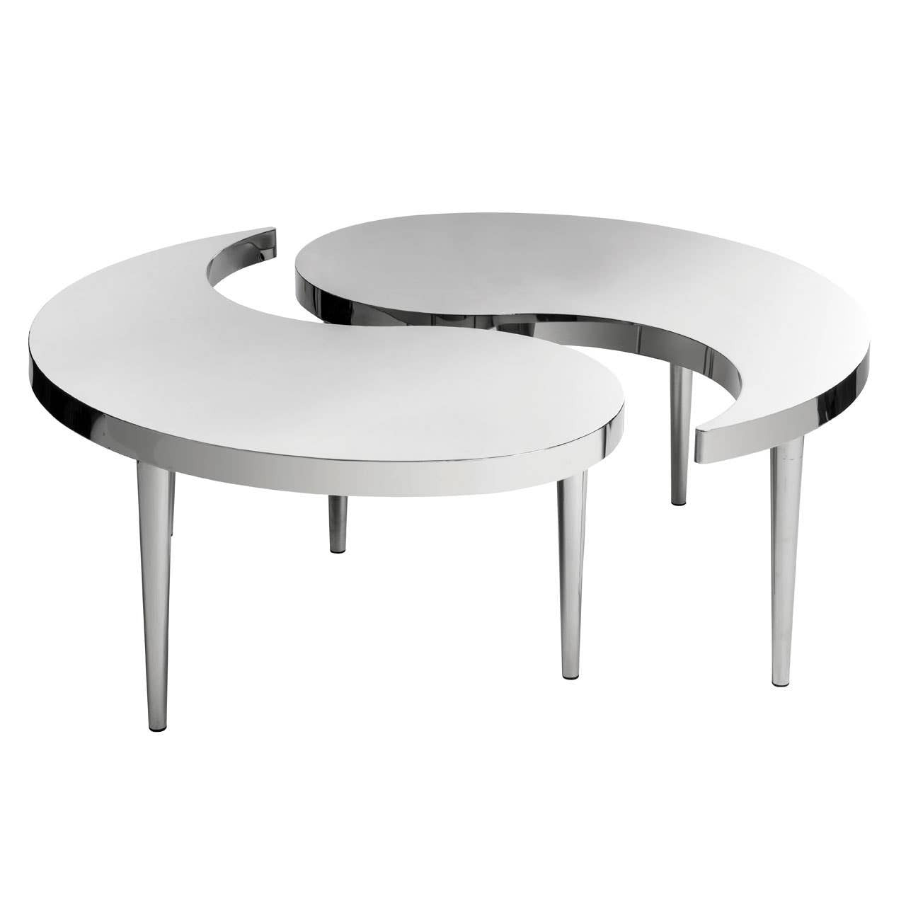 Two modern round tables with chrome legs on a white background