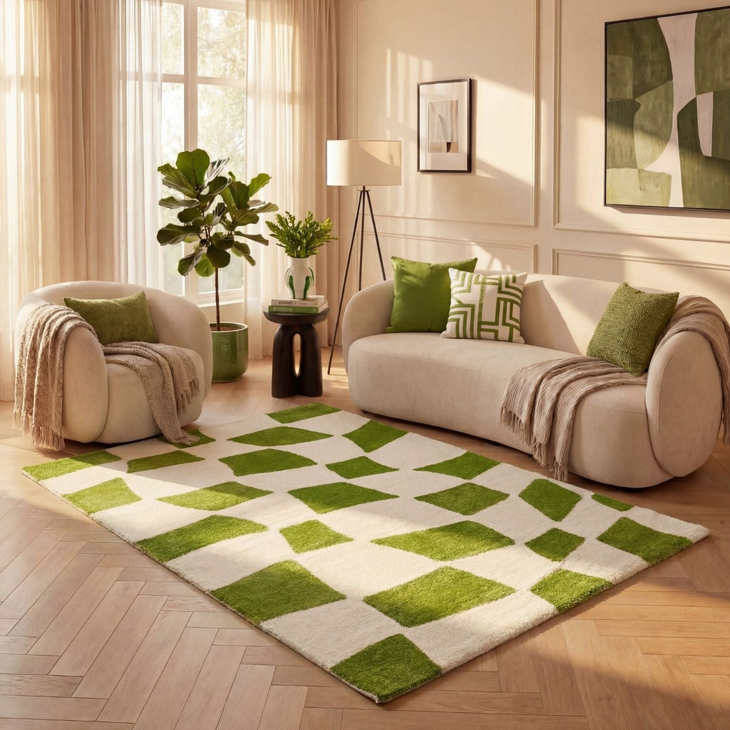 Living room with a green and white checkered rug, beige sofa, and decorative plants.