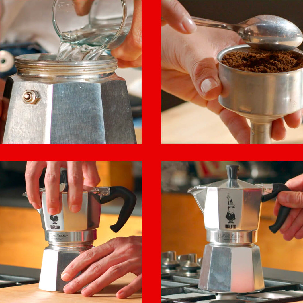 Collage of four images showing a person using a stovetop espresso maker.