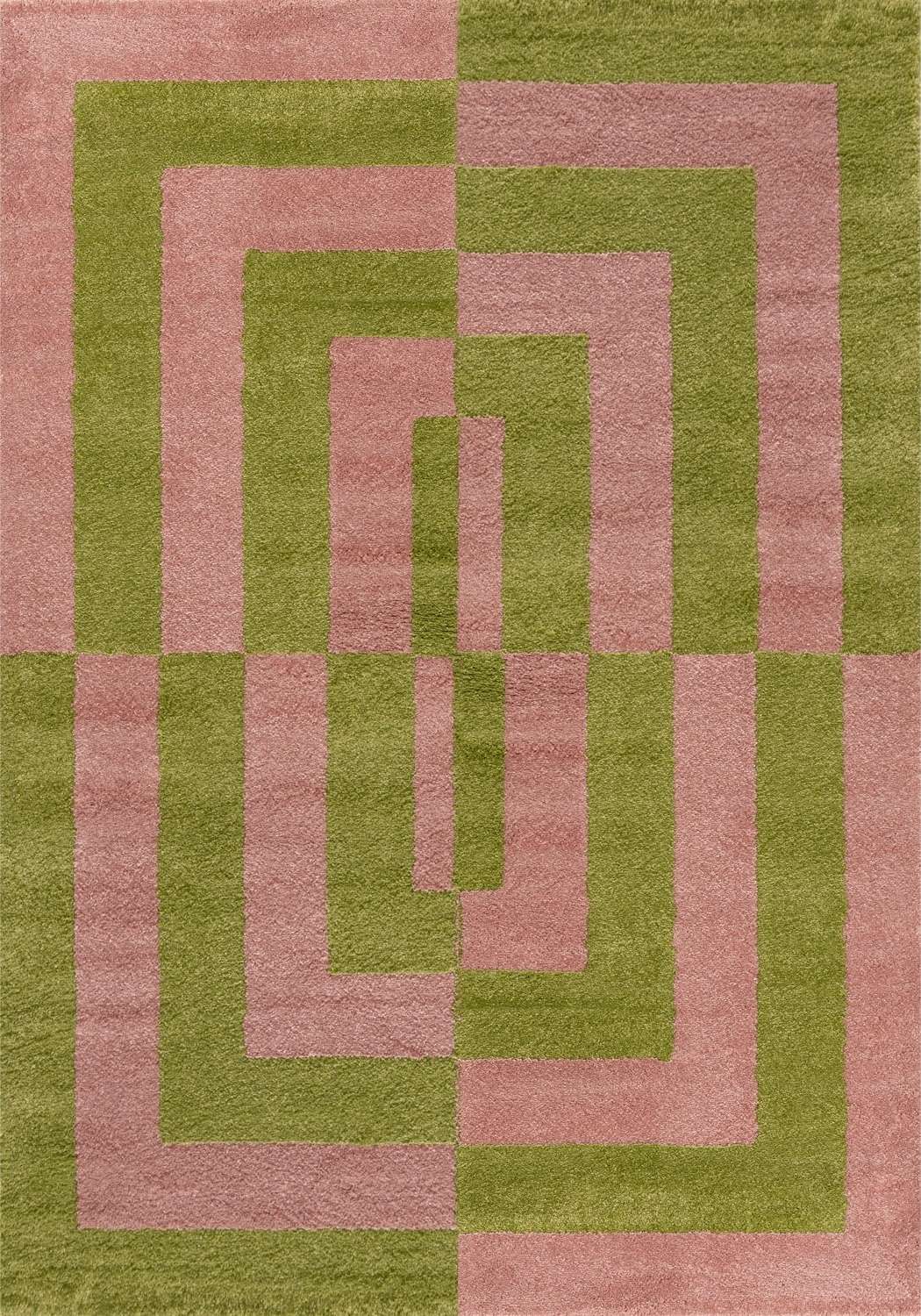 Geometric patterned rug with pink and green colors