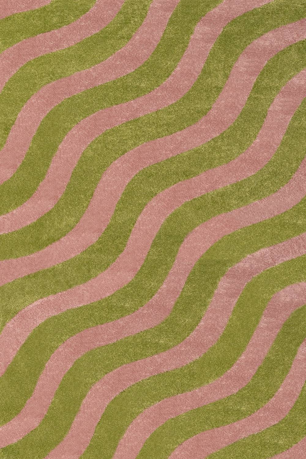Wavy patterned rug with green and pink wavy lines