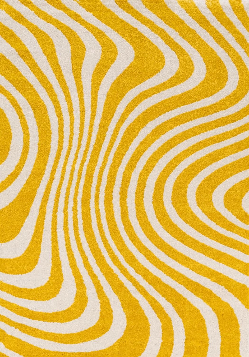 Patterned rug with wavy lines in yellow and white