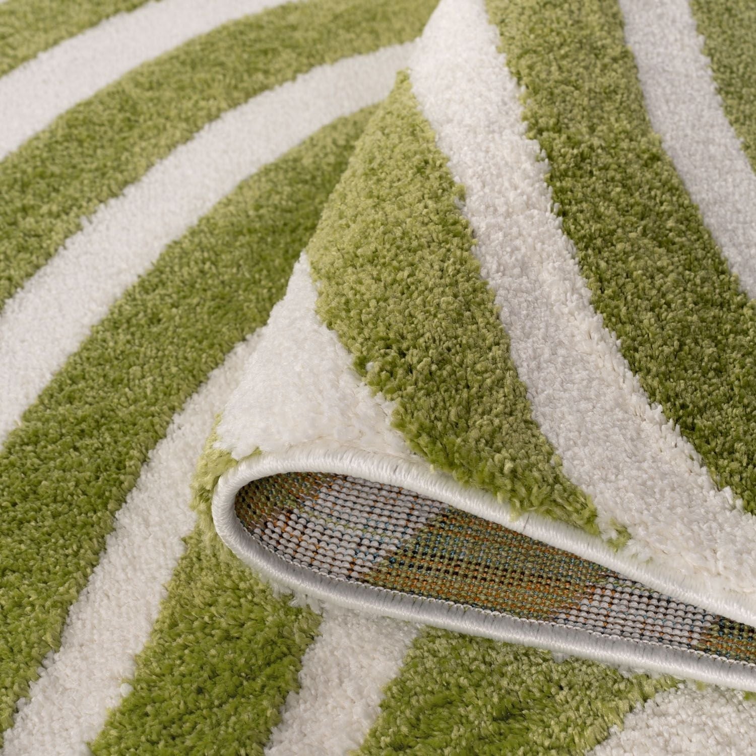Close-up of a green and white striped rug with a border