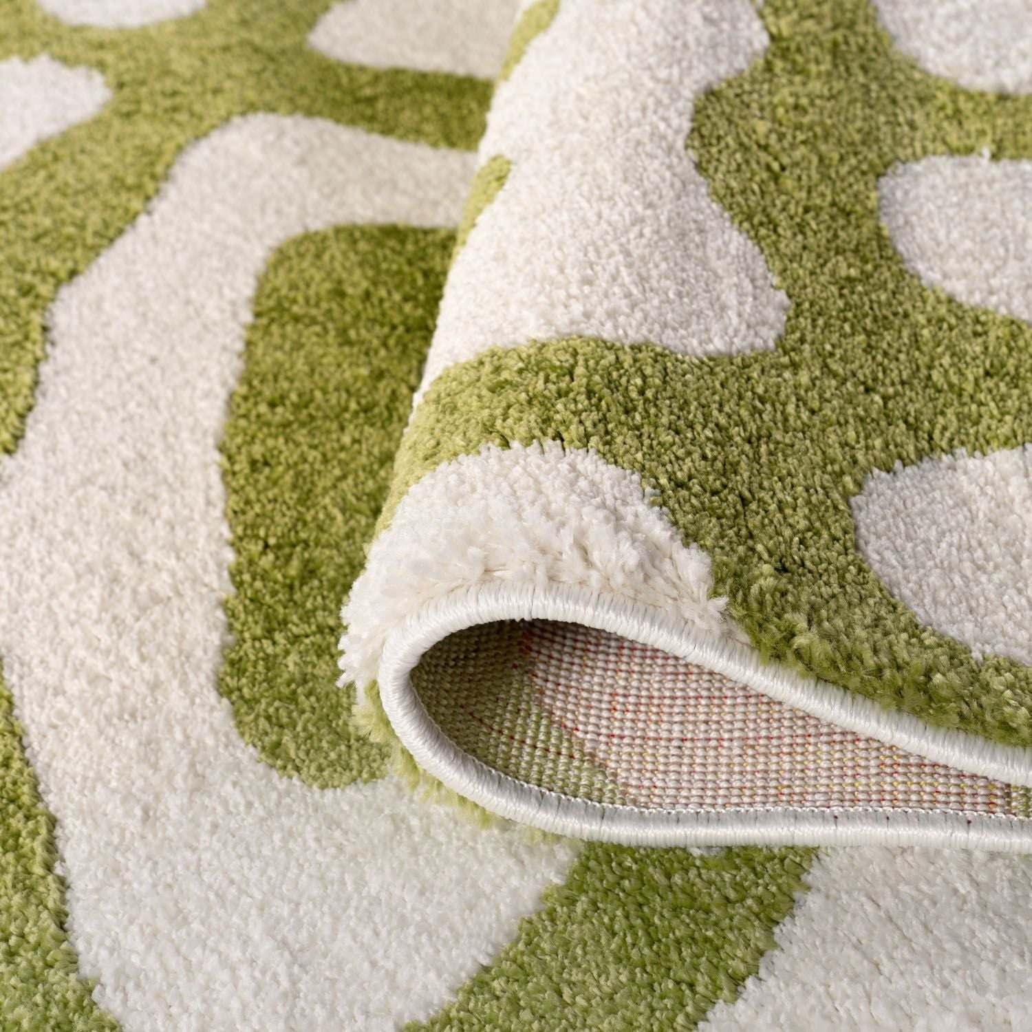 Close-up of a green and white patterned rug with a textured border.