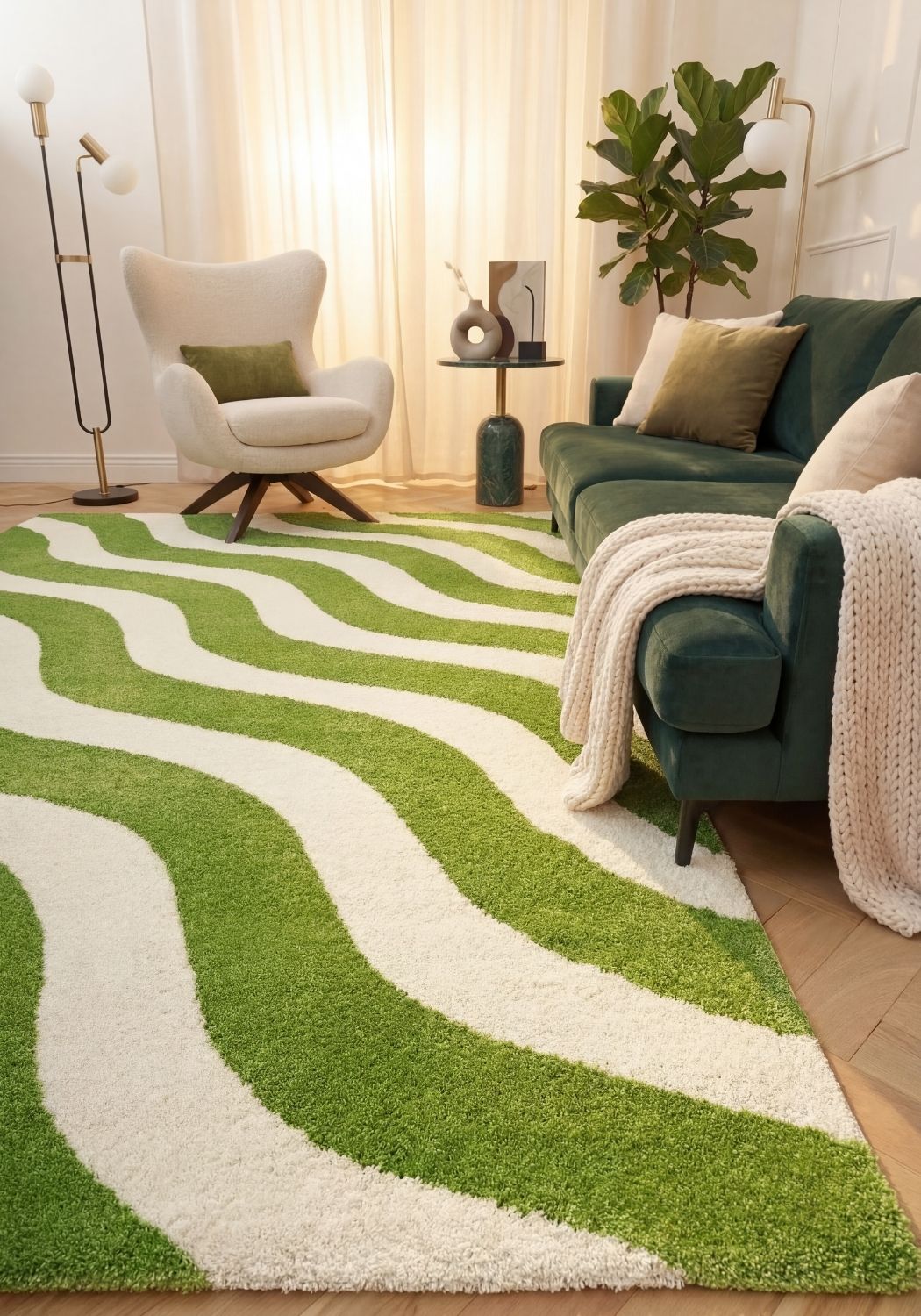 Living room with a green and white wavy rug, green sofa, and armchair.