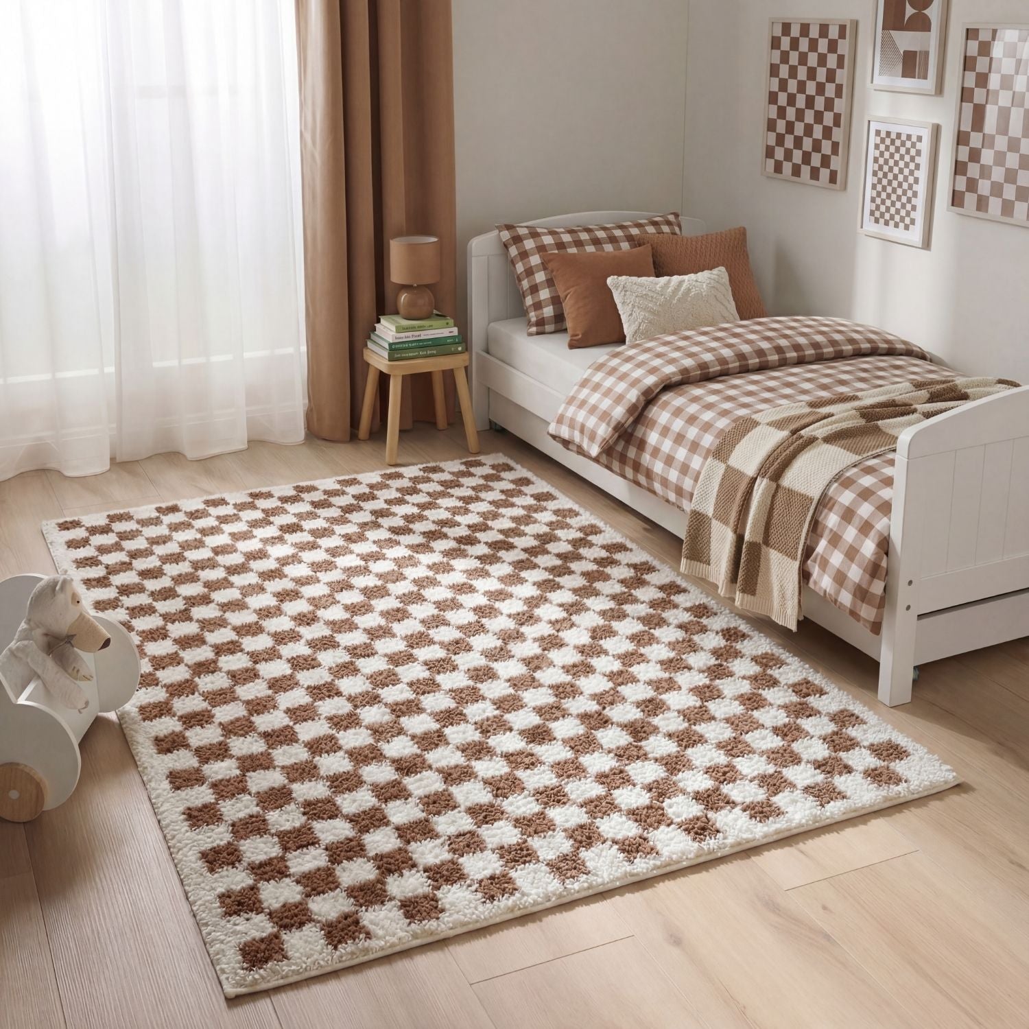 Bedroom with a checkered rug, bed, and side table.