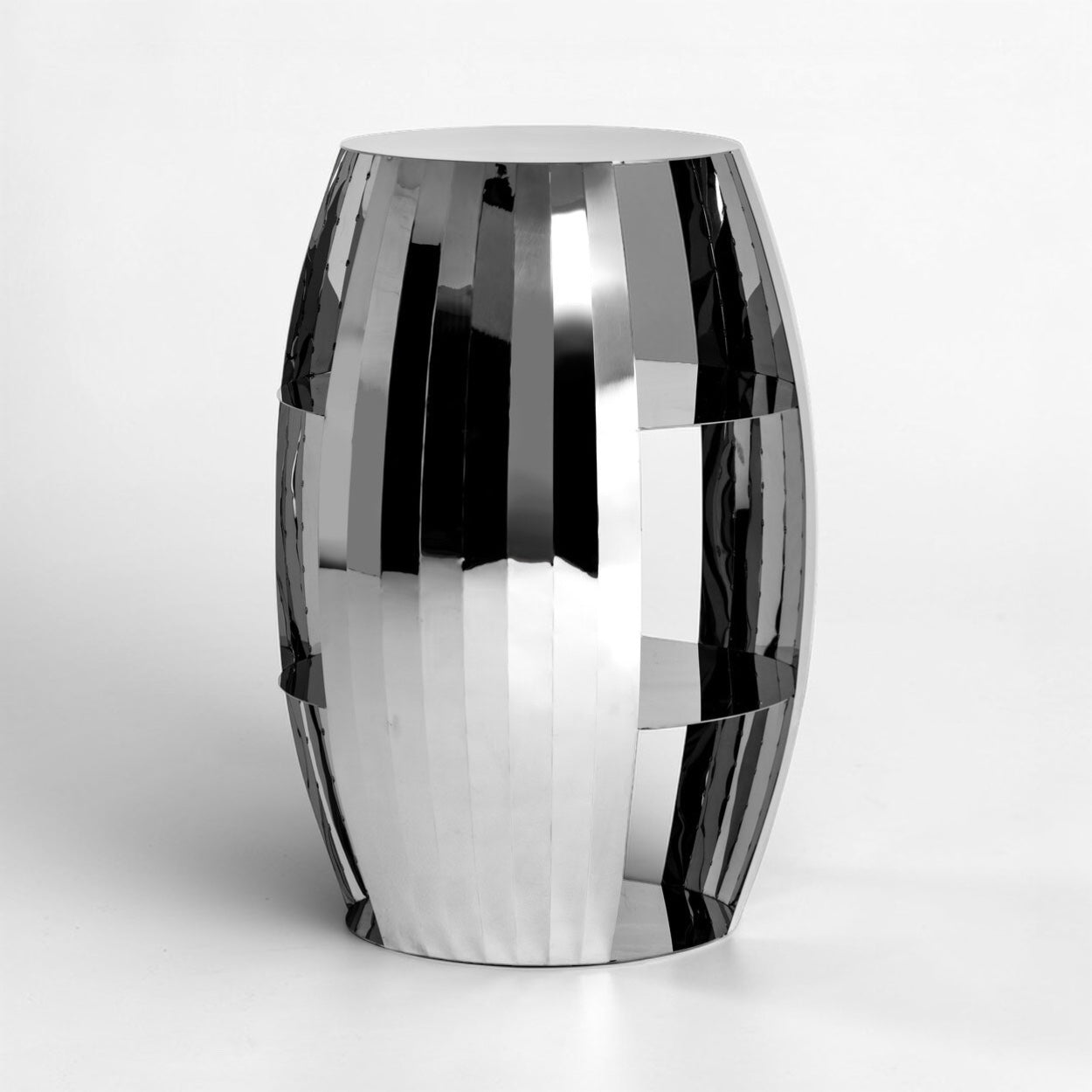 PRISM Silver metallic stool with reflective surface on a white background